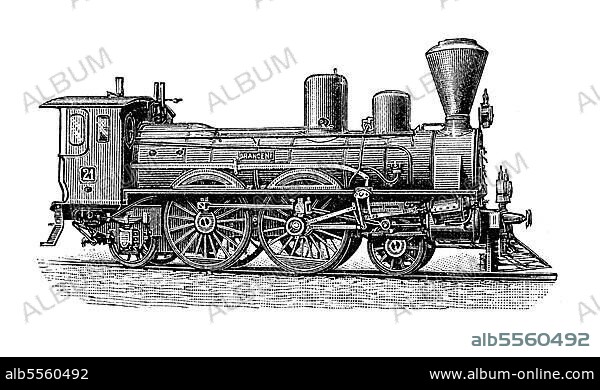 Lokomotiven aus dem 19. Jahrhundert: eine Lokomotive der Österreichischen Bundesbahn, digital restaurierte Reproduktion einer Originalvorlage aus dem 19. Jahrhundert.