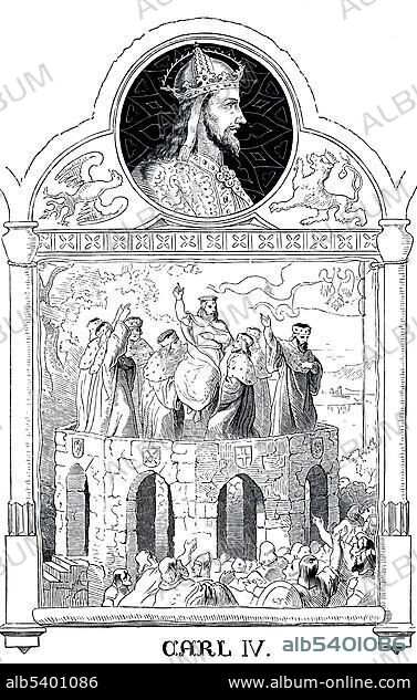 Charles IV, 1316 - 1378, with anti-king Guenther XXI, Count of Schwarzburg-Blankenburg, 1304 - 1349, historical illustration from Bildnisse der Deutschen Koenige und Kaiser, Portraits of German Kings and Emperors, by Professor Heinrich Schneider, Verlag Friedrich Andreas Perthes, Gotha, 1889.