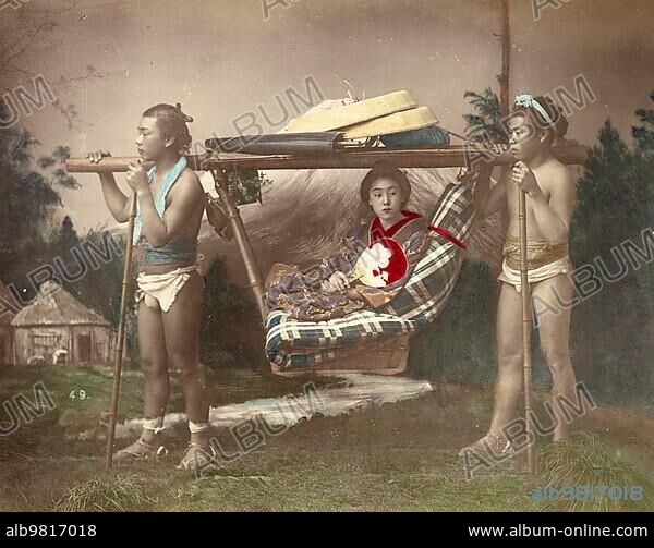 Kago Travelling Chair; Japanese woman being carried in a palanquin by two men; distinguished lady with her servants; c. 1870; Japan; Historic; digitally restored reproduction from an original of the period; Asia.