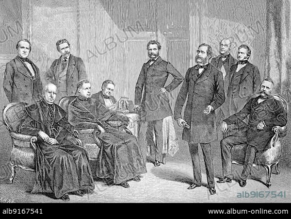 Conference in the House of Lords in Vienna, Austria, Professor Arndts, Cardinal Rauscher, Cardinal Prince Schwarzenberg, Count Thun, Count Auersperg, Professor Rokitansky, Baron Lichtenfels, President Colloredo, Historical, digitally restored reproduction of an original document from the 19th century, exact original date unknown, Europe.