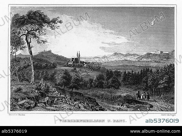 Basilica Vierzehnheiligen, Bad Staffelstein, drawing by C. von Theodori, steel engraving by J. Poppel, 1840-54, Kingdom of Bavaria, Germany, Europe.