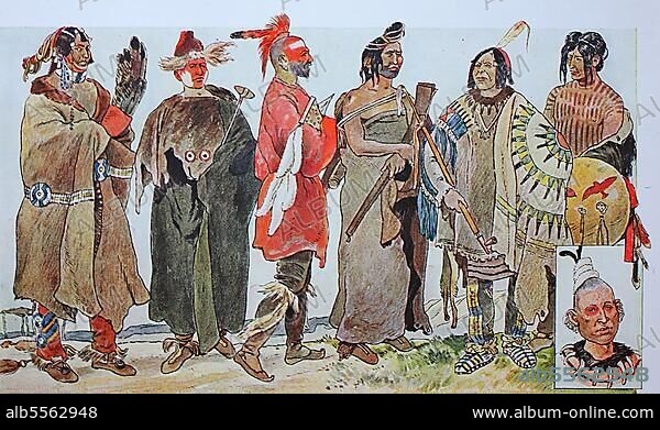 Kleidung, Mode in Nordamerika, Indianer, von links, Mandan-Krieger, Saki-Häuptlinge, Gesicht rot bemalt, ein weiterer Saki-Krieger mit rasiertem Kopf und Bart, dann ein Häuptling der Prärie, dann ein Indianer des oberen Missouri, dann ein Häuptling der Cvee- oder Cvih-Indianer und darunter ein Häuptling der Chippewa oder Odschibwõ, digital restaurierte Reproduktion einer Originalvorlage aus dem 19. Jahrhundert.