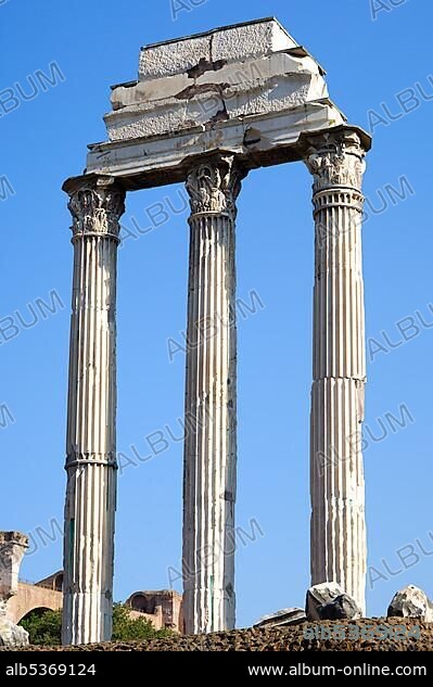 Three columns and architrave Temple of Castor and Pollux Forum Romanum Rome Italy.