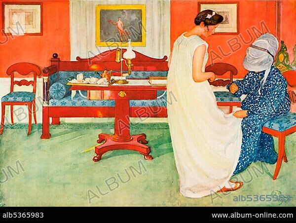 The maid of honor, historical illustration, Carl Larsson, Let the light in, Berlin, 1909, No. 9.