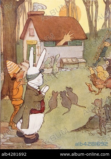 Illustration by Mabel Lucie Attwell. Alice in Wonderland, by Lewis Carroll. London, Raphael Tuck, 1910.. . The White Rabbit's house.