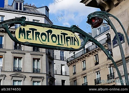 Art Nouveau style metro sign by Hector Guimard, Rivoli street, Paris, Seine, France, Europe.