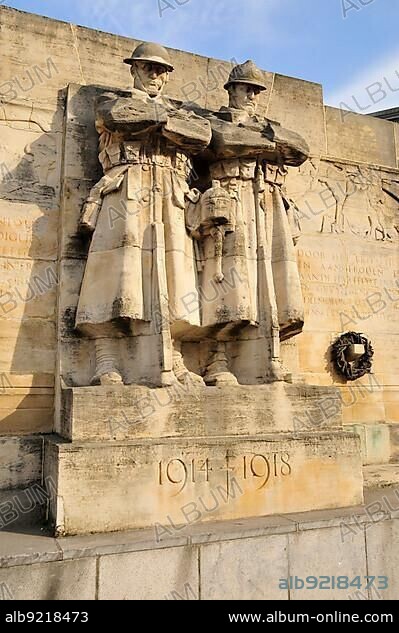 War memorial to the fallen of the 1st World War by British sculptor Charles Sargeant Jagger, 1885-1934, on Place Poelaert, Brussels, Belgium, Europe.