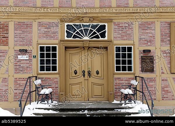 Entrance to the Lindenhof, origin of the Protestant Neinstedter Anstalten foundation, Neinstedt, Northern Harz, Saxony-Anhalt, Germany, Europe.