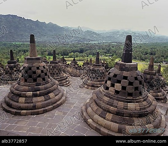 Stupas on the terrace of the temple complex of Borobudur, view over the Kedu valley, UNESCO World Cultural Heritage Site, Yogyakarta, Borobudur, Yogyakarta, Java, Indonesia, Asia.