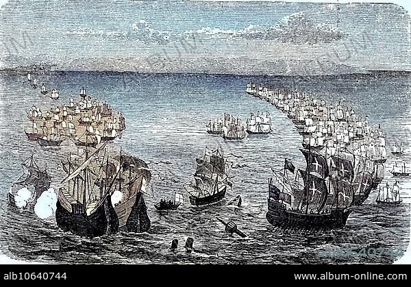 The Spanish Armada, Grande y Felicisima Armada, was a Spanish fleet of 130 ships that sailed from A Coruna in August 1588, under the command of the Duke of Medina Sidonia, to escort an army from Flanders that was to invade England, Reproduction of a woodcut from 1880, digitally enhanced, The Spanish Armada, was a Spanish fleet of 130 ships that sailed from A Coruna in August 1588, under the command of the Duke of Medina Sido.