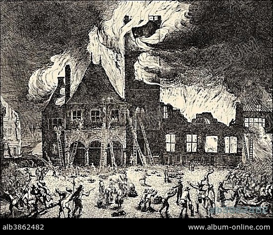 The Great Fire of the Town Hall, 1652, Amsterdam, The Netherlands, historical illustration, Europe.