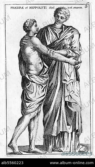 Fedra und Hippolytos, Sohn des Theseus und der Amazone Hippolyte, griechische Mytholgie, digitale Reproduktion einer Originalvorlage aus dem 18. Jahrhundert, Originaldatum nicht bekannt.
