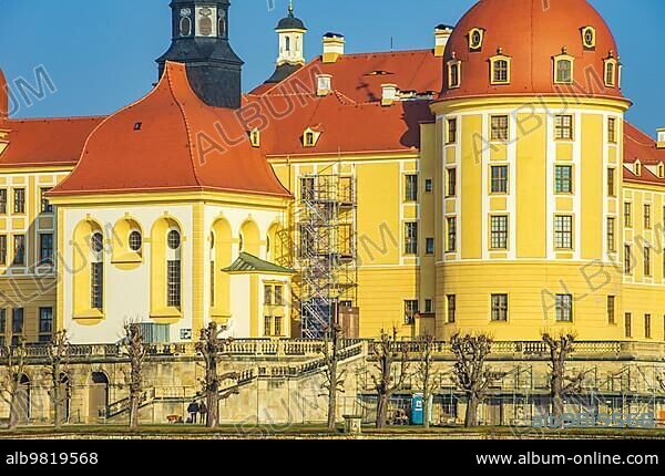 Partial view of the main façade of Moritzburg Castle; Moritzburg near Dresden; Saxony; Germany; located on the south side; Europe.