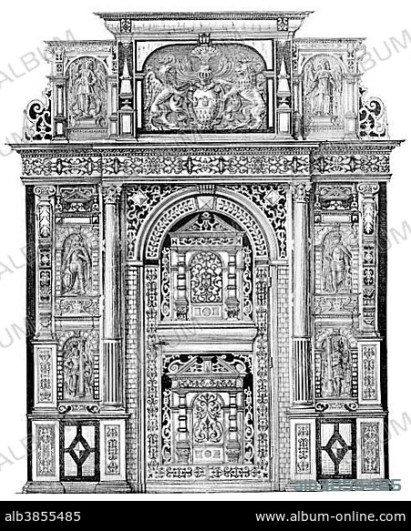 German Renaissance, architectural drawing from 1881, entrance to Cologne City Hall, door of the city hall, Cologne, North Rhine-Westphalia, Germany, Europe.