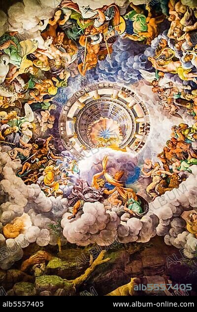 Most famous fresco of Mannerism: Giulio Romano's illusion invents a dome and dissolves the architecture of the room into the fall of the giants, Hall of the Giants, 1532, Palazzo Te, pleasure palace, Mantua, Lombardy, Italy, Mantua, Lombardy, Italy, Europe.