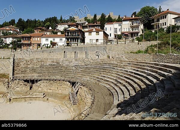 Ancient theatre in Ohrid on Lake Ohrid, UNESCO World Heritage Site, Macedonia, FYROM, Former Yugoslav Republic of Macedonia, Europe.