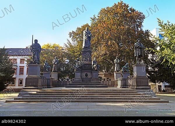 Worms; Germany; October 2019: Set of sculptures called Luther Denkmal; a large monument dedicated to reformer Martin Luther designed by Ernst Rietschel; Europe.
