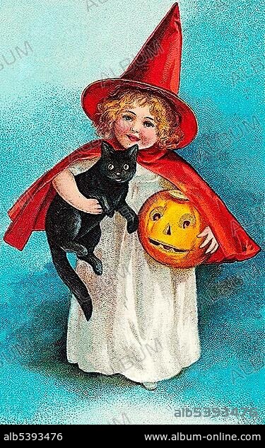 Little witch, child with a red cape and hat holding a black cat and carved pumpkin or Jack-o-lantern in her arms, illustration.