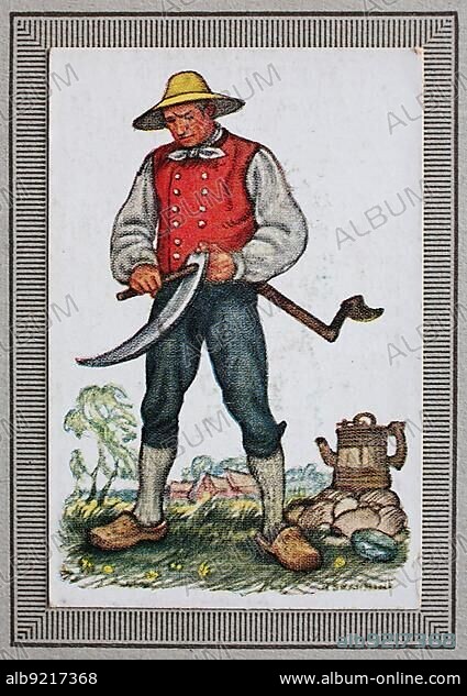 Traditional costumes in Germany in the 19th century, Lower Saxony and Westphalia area, Osnabrück, man, farmer, reaper with scythe from the Artland, historical, digitally restored reproduction from a collector's picture from ca 1910.