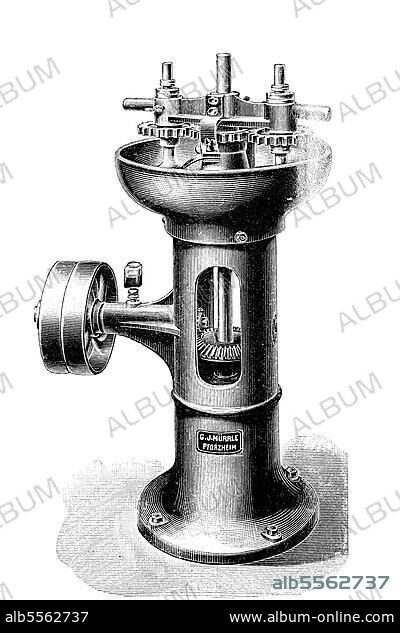 Chemische Industrie, Salbenreibmaschine, eine Maschine zur Herstellung von Salben, von Gg. Jb. Muerrle in Pforzheim, Deutschland, Industrieprodukt aus dem Jahr 1880, Historisch, digital restaurierte Reproduktion einer Originalvorlage aus dem 19. Jahrhundert, genaues Originaldatum nicht bekannt.