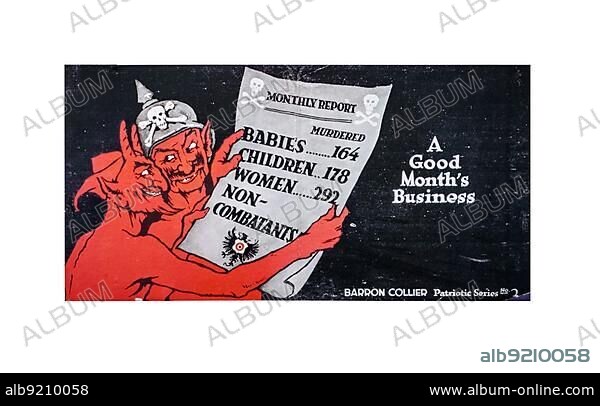 English cartoon showing the devil and German soldier looking at monthly report with numbers of killed innocent civilians, British propaganda accusing Germany of committing atrocities.