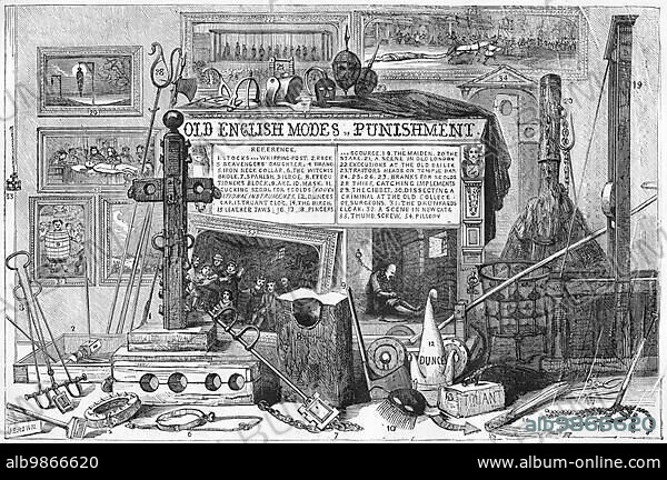 Old English Modes of Punishment. Different torture and humiliation devices. Engraving from an english magazine printed in 1864. 1. Stocks and whipping post 2. Rack 3. Scavengers daughter, 4. Brand 5. Iron neck collar 6. The Witches bridle 7. Spanish Bilboe 8. Executioners block 9. Axe 10. Mask 11. Cucking stool for scolds (Educational instruments) : 12. Dunces Cap 13. Truant clog 14. The Birch 15. Leather taws 16. 17. 18. Pincers and scourge 19. The Maiden 20. The Stake 21. A Scene in old London 22. Executi.