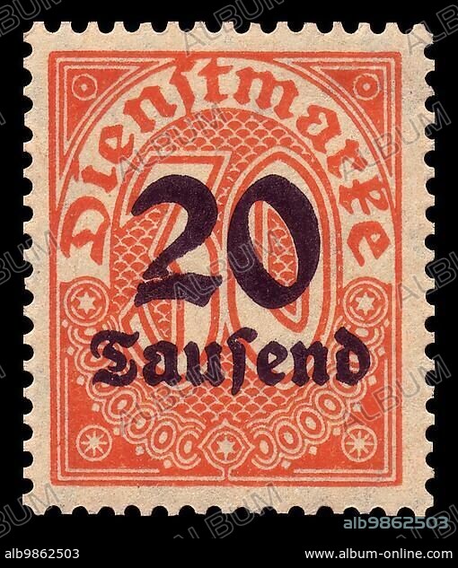 Stamp vintage 1923 of the German Reichspost, German Reich, official stamp, motive value digit, 20000 Mark, inflation, historical, digitally restored reproduction.
