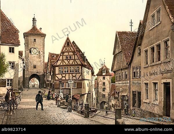 The Plönlein in Rothenburg ob der Tauber; Bavaria; Germany; c. 1900; Historic; digitally restored reproduction of a photochromic print from the period; Europe.