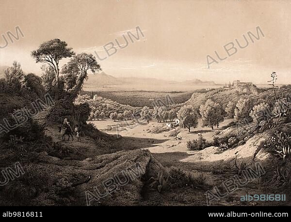 Sicilian Landscape with a View of Palermo and Monte Pelegrino from Bagarra; c. 1880; Sicily; Italy; Historic; digitally restored reproduction from a 19th century original; Europe.
