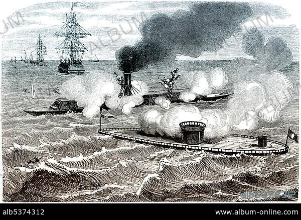 Historic scene, US-American history, 19th century, the CSS Virginia also known as Merrimack, an armor-plated vessel of the Confederate Navy in the American Civil War, battle against the USS Monitor on 9th March 1862, the first naval battle between armor-plated vessels.