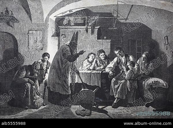 Der heilige Nikolaus besucht die Familie und fragt das Kind, ob es gut sei und er kann ihm Nüsse geben, 1888, History, digitale Reproduktion einer Originalvorlage aus dem 19. Jahrhundert.