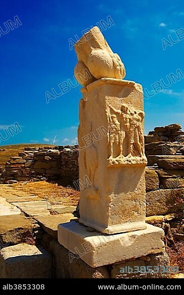Column with phallus at the Stoivadeion in the Temple of Dionysus, ruins of the Greek city of Delos, Delos Island, Cyclades, Greece, Europe.