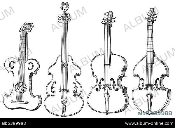 Historical drawing, various stringed instruments, old forms of the violins, case-violin, viola da gamba, viola, 16th Century.
