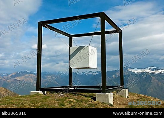 Artwork "Suspended Cube" by the sculptress Jaya Schuerch, cultur route on Monte Tamaro, Monte Tamaro, Kanton Tessin, Switzerland, Europe.