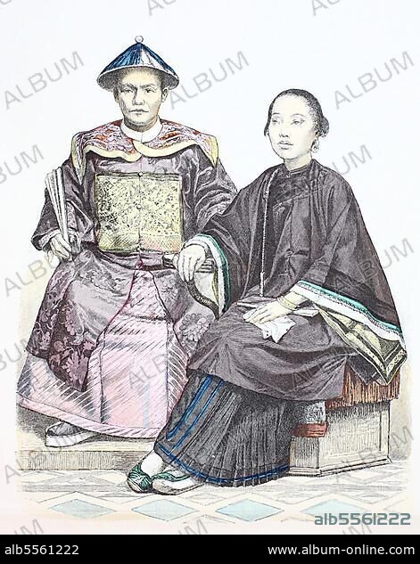 Folk traditional costume, clothing, history of costumes, Penang merchant in ceremonial dress and Macao Chinese woman, 1880, China, digitally restored reproduction of a 19th century original, exact date unknown, Asia.