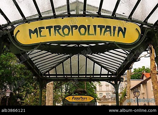 Entrance to the Metro, designed by Hector Guimard, Abbesses metro station, Paris, Ile-de-France, France, Europe.