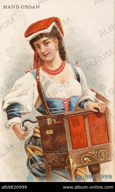 Musical instruments; woman playing a musical instrument; barrel organ; hurdy-gurdy; historical; digital reproduction of a 19th century collector's picture.