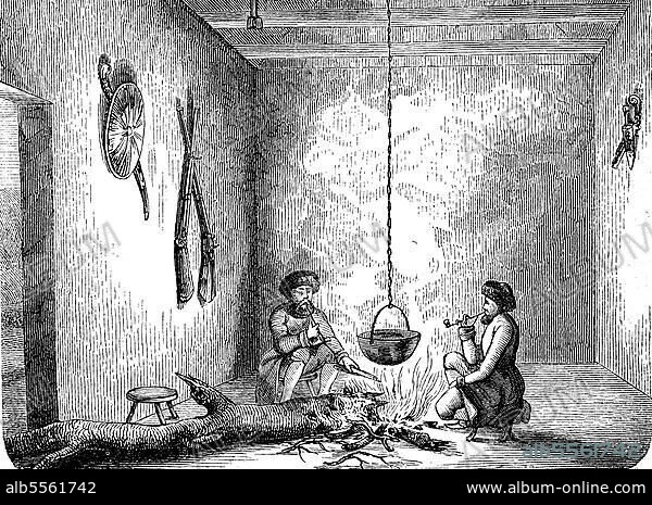Wohnung der Tscherkessen, Zirkassier, ein kaukasisches Volk in der Türkei, im Jahre 1860, digital restaurierte Reproduktion einer Originalvorlage aus dem 19. Jahrhundert, genaues Originaldatum nicht bekannt.