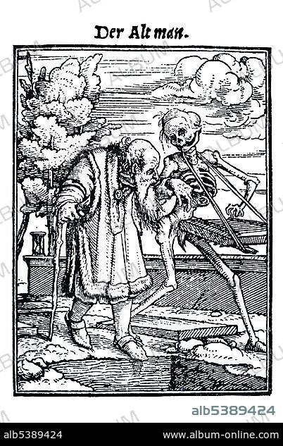 Woodcut, The Old Man, Hans Holbein the Younger, Dance of Death, 1538.