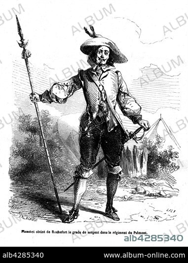 The Three Musketeers. Planchet. Engraving, 19th century . Alexandre Dumas. Private collection.