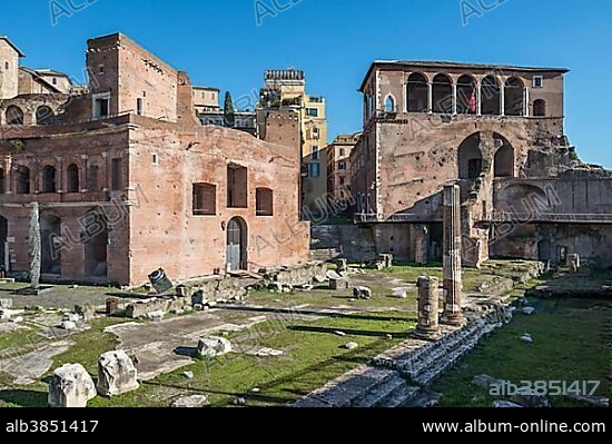 Trajan's Forum, the house of the Order of Malta with loggia at the back, also Casa dei Cavalieri di Rodi, Trajan's Markets on the left, Rione I Monti, Rome, Lazio, Italy, Europe.