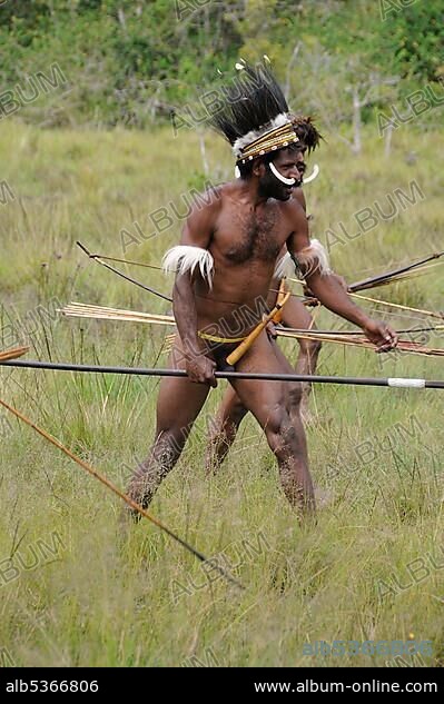 Fight ritual, Dani, warrior, Yiwika, Baliem Valley, Irian Jaya, New Guinea, West Papua, Indonesia, Southeast Asia, Asia.