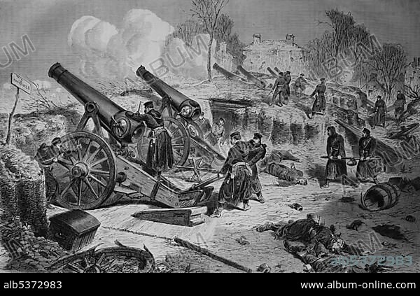 Prussian siege battery outside Paris, Illustrierte Kriegschronik 1870 - 1871, Illustrated War Chronicle 1870 - 1871, German-French Campaign.