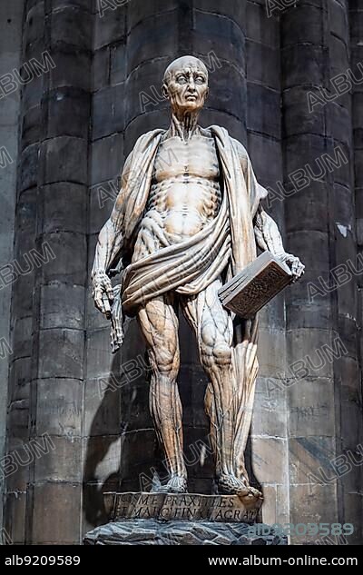 Milan Italy. The interior of the Duomo cathedral. St. Bartholomew Statue by Marco Agrate.