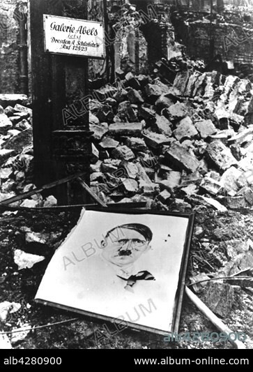After the capture of Cologne by the Allies, portrait of Hitler amid the ruins. 1945 . Germany - Second World War.