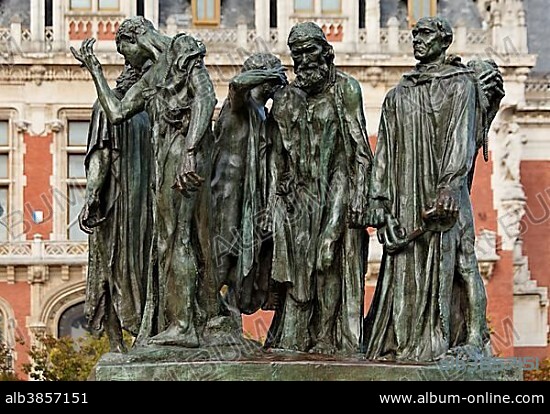 Sculpture by Auguste Rodin, The Burghers of Calais, on the square of Place de l'Hôtel de Ville in Calais, Via Francigena, Calais, Pas-de-Calais department, North Pas-de-Calais region, France, Europe.