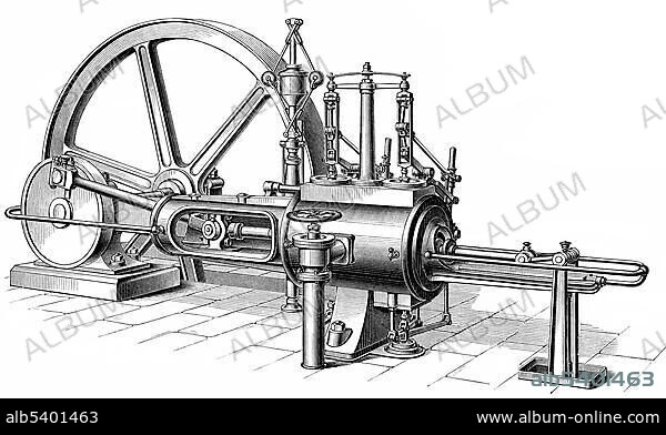 Historical graphic representation, technical drawing, steam engine, piston heat engine, the contained thermal energy or pressure in steam is transformed into mechanical work, 19th Century, from Meyers Konversations-Lexikon encyclopaedia, 1890.