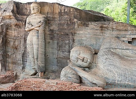 Rock reliefs, a standing and a reclining Buddha, Gal Vihara Temple, Polonnaruwa, Sri Lanka, Asia.