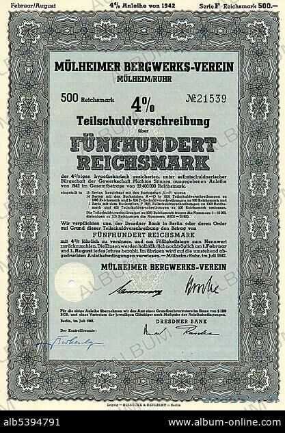 Historic security, partial debenture, 500 reichsmarks, 1942, Muelheimer Bergwerks-Verein, a mining association, Muelheim an der Ruhr, Germany, Europe.