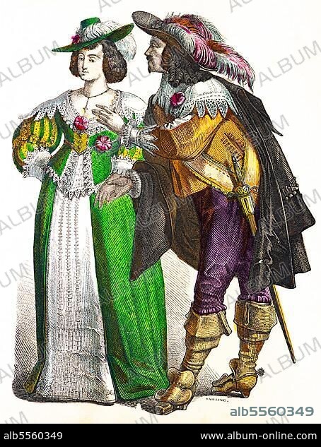 Münchener Bilderbogen, costumes, Germany, early 17th century, German noblemen, man, woman, sword, hat, elegant, robe, portrait, coloured historical illustration 1890, Europe.
